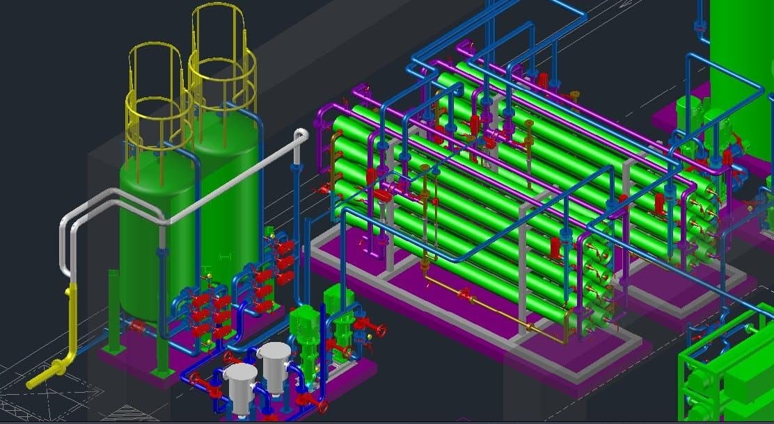 Gambar desain 3D CAD instalasi piping, tangki dan skid sebelum proses fabrikasi